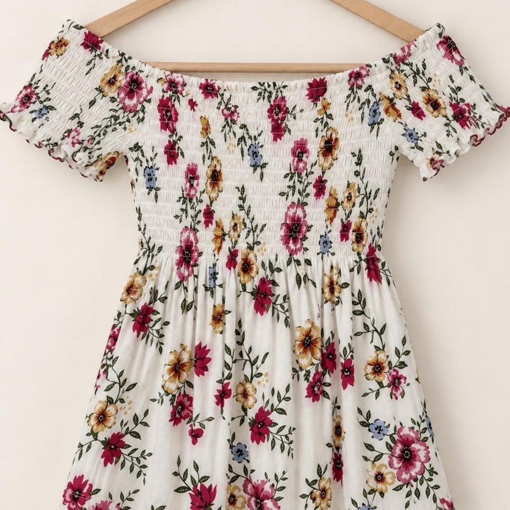 White Floral Off Shoulder Smocked Mini Dress Cottagecore Boho
